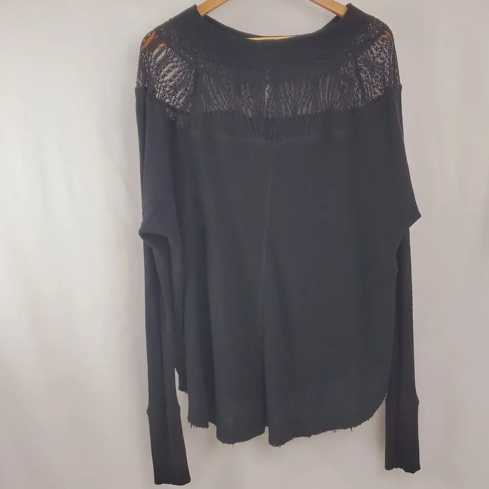 Free People Top M Spring Valley Thermal Black Lace Waffle Knit Womens Shirt